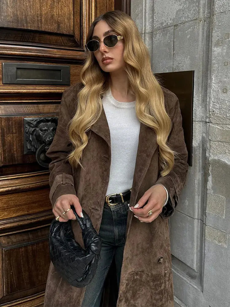 Fashion Brown Women Imitation Deer Fur Coat Chic Lapel Long Sleeve Double-breasted Windbreaker Autumn Lady High Street Outwear