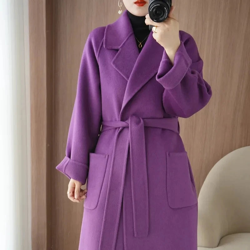 100% Wool Coat Women's Wear 2024 Autumn/Winter Fashion Temperament Double sided Cashmere Coats with Belt Elegant Long Overcoat