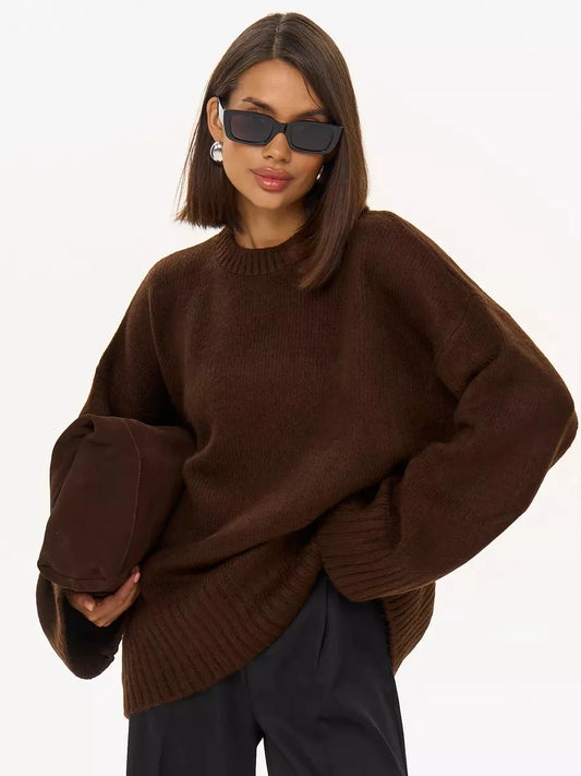 Women's Crew Neck Vintage Oversize Trendy Sweater Horn Cuff Long Sleeve Sweater Knit Solid Brown Casual Sweater