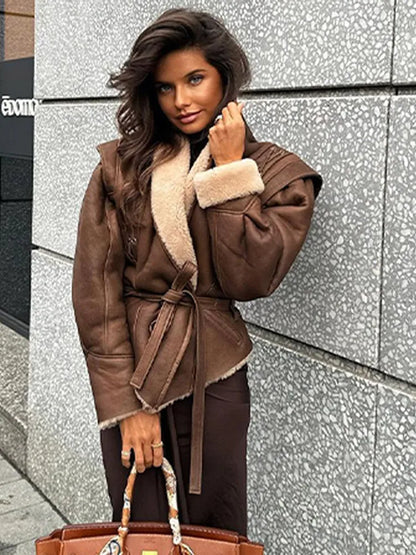 Fashion Warm Plush Leather Woman Jackets With Belt Lapel Long Sleeve Motorcycle Coats Lady 2024 Winter Commuter Street Outerwear