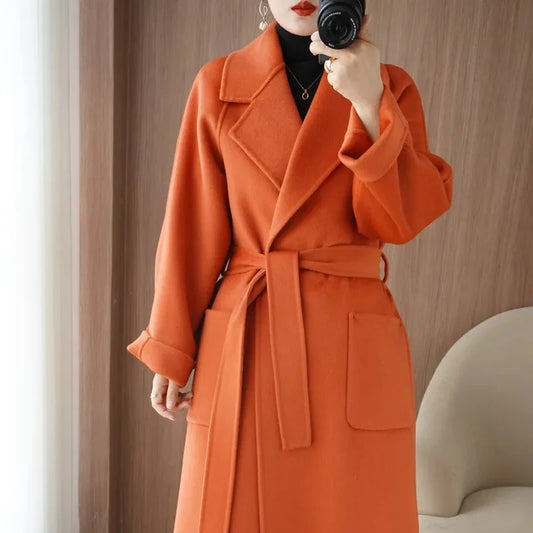 100% Wool Coat Women's Wear 2024 Autumn/Winter Fashion Temperament Double sided Cashmere Coats with Belt Elegant Long Overcoat