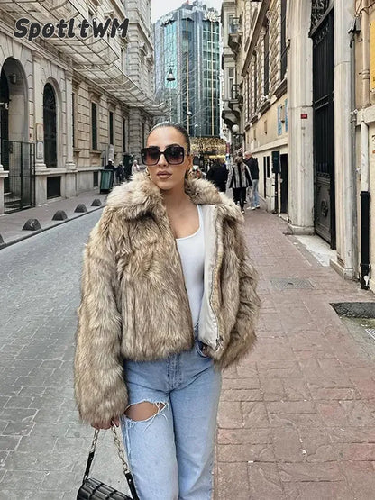 2024 Winter New Fluffy Fur Coat Women Casual Lapel Long Sleeve Faux Fur Cropped Jacket Female  Soft Thick Warm Short Outerwear