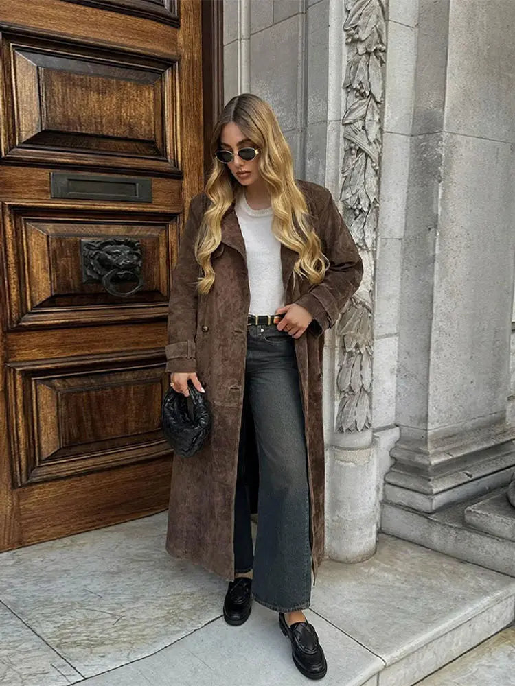 Fashion Brown Women Imitation Deer Fur Coat Chic Lapel Long Sleeve Double-breasted Windbreaker Autumn Lady High Street Outwear