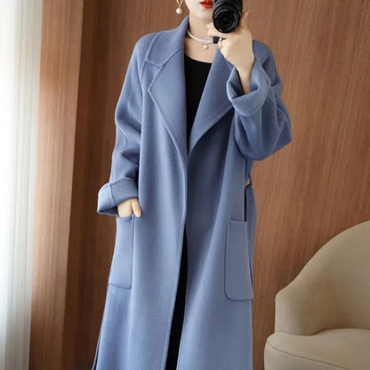 100% Wool Coat Women's Wear 2024 Autumn/Winter Fashion Temperament Double sided Cashmere Coats with Belt Elegant Long Overcoat