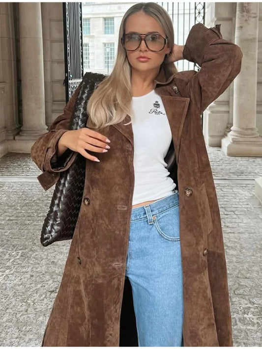 Fashion Brown Women Imitation Deer Fur Coat Chic Lapel Long Sleeve Double-breasted Windbreaker Autumn Lady High Street Outwear