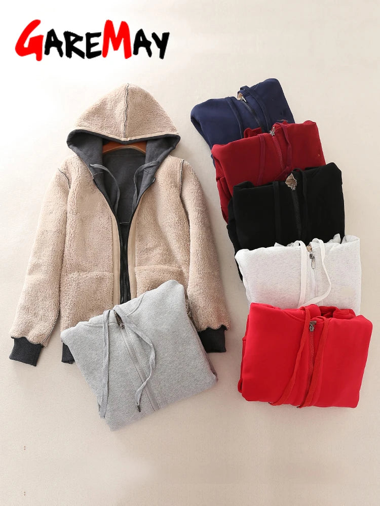 2024winter Women's Warm Casual Hoodie Jacket Ladies Thick Velvet Long Sleeve Zipper Lamb Cashmere Hoodies Female Coat