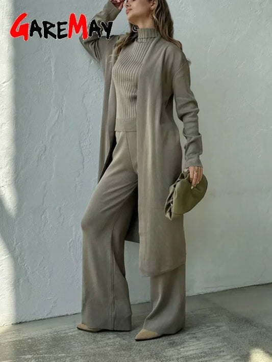 Elegant Women's Knitted Pants Suit with Cardigan Turtleneck Skinny Top and Wide Leg Pants Set Solid Three-piece Suit for Women