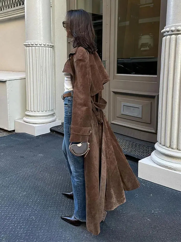 Fashion Brown Women Imitation Deer Fur Coat Chic Lapel Long Sleeve Double-breasted Windbreaker Autumn Lady High Street Outwear