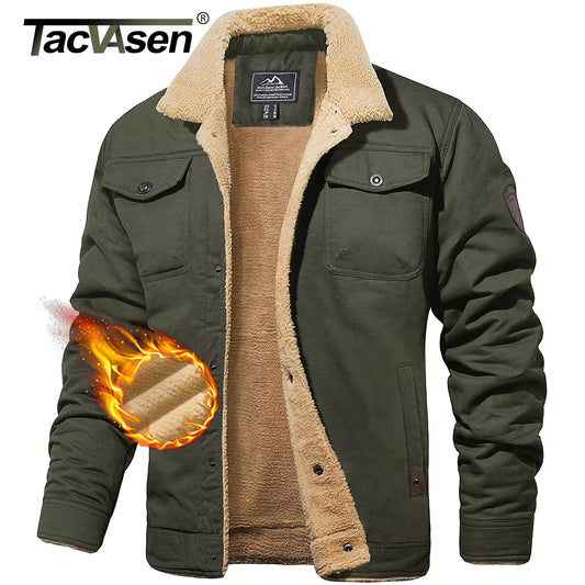 TACVASEN Turn-down Collar Winter Cotton Jackets Mens Sherpa Fleece Trucker Parka Green Work Cargo Coats Clothes Overcoats