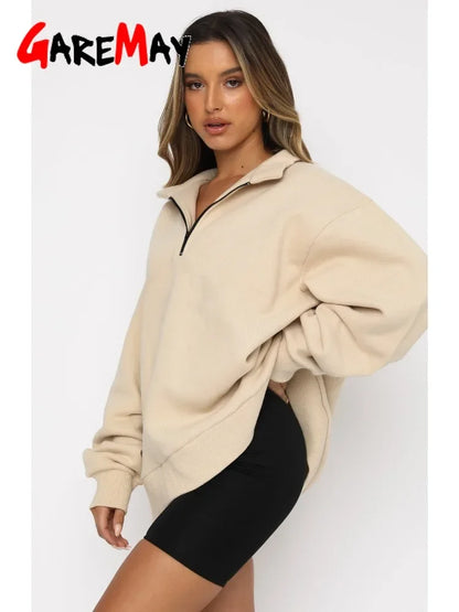 2024 Vintage Warm Fleece Sweatshirt with Zipper Casual Thick Women's Long Sleeve Top Autumn Winter Elegant Pullovers Female