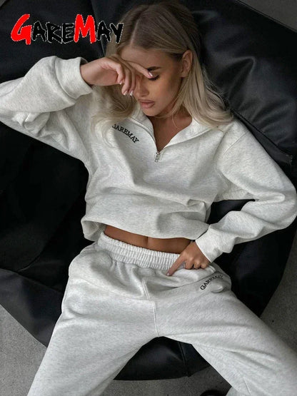 Autumn Women's Tracksuit with Zipper Cotton Oversize White Casual Two Piece Set Women  Classic Sports Trouser Suits for Women