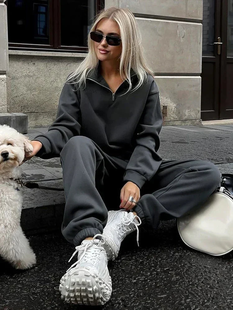 Autumn Women's Tracksuit with Zipper Cotton Oversize White Casual Two Piece Set Women  Classic Sports Trouser Suits for Women