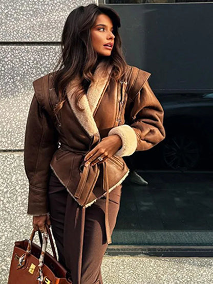 Fashion Warm Plush Leather Woman Jackets With Belt Lapel Long Sleeve Motorcycle Coats Lady 2024 Winter Commuter Street Outerwear