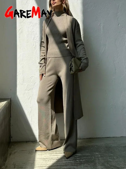 Elegant Women's Knitted Pants Suit with Cardigan Turtleneck Skinny Top and Wide Leg Pants Set Solid Three-piece Suit for Women