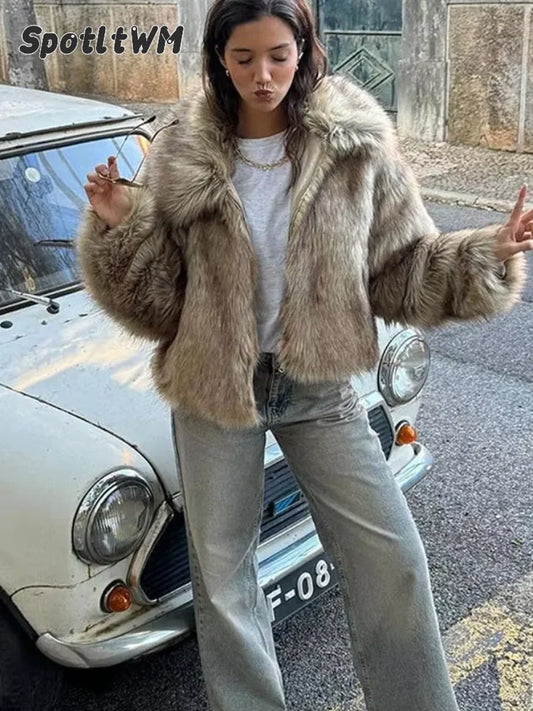 2024 Winter New Fluffy Fur Coat Women Casual Lapel Long Sleeve Faux Fur Cropped Jacket Female  Soft Thick Warm Short Outerwear