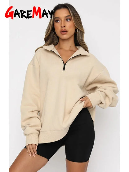 2024 Vintage Warm Fleece Sweatshirt with Zipper Casual Thick Women's Long Sleeve Top Autumn Winter Elegant Pullovers Female