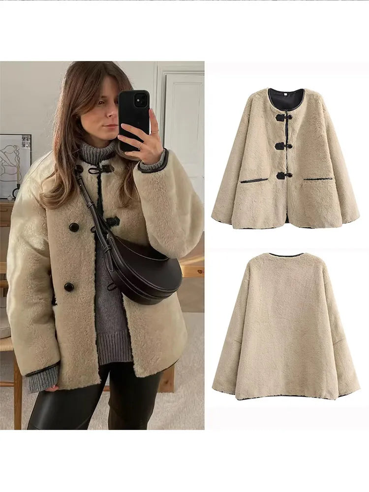 Fashion Patchwork O-neck Lamb Wool Coat For Women Chic Bull Horn Buckle Long Sleeve Loose Jacket 2024 Autumn Lady Warm Outerwear