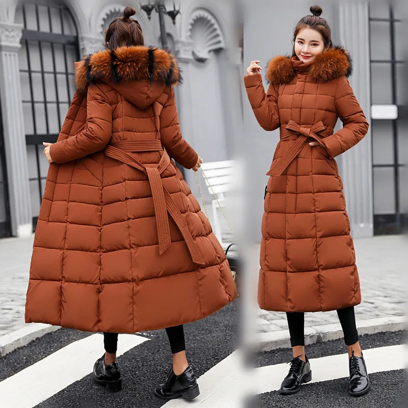 Women's Winter Jacket Long Parkas Winter Wear Korean Fashion Edition Belted Slim Fit Cotton Jacket Padding Warm Windbreak Coat