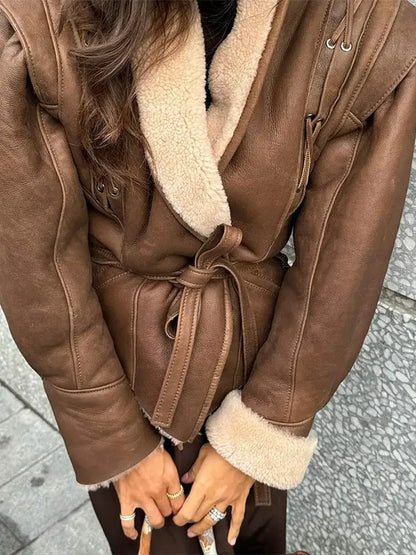 Fashion Warm Plush Leather Woman Jackets With Belt Lapel Long Sleeve Motorcycle Coats Lady 2024 Winter Commuter Street Outerwear