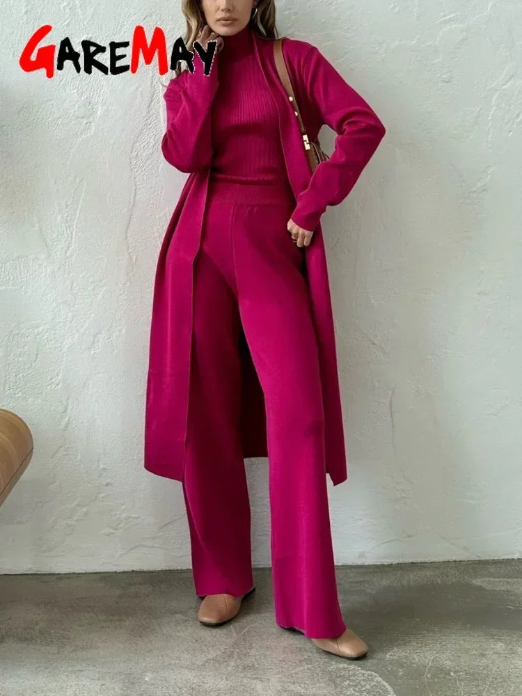 Elegant Women's Knitted Pants Suit with Cardigan Turtleneck Skinny Top and Wide Leg Pants Set Solid Three-piece Suit for Women