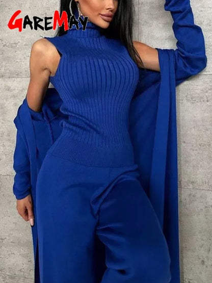 Elegant Women's Knitted Pants Suit with Cardigan Turtleneck Skinny Top and Wide Leg Pants Set Solid Three-piece Suit for Women